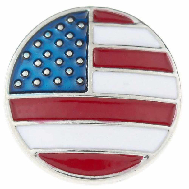 Round snap jewelry charm with enamel American flag design featuring blue field with silver dots and red and white stripes