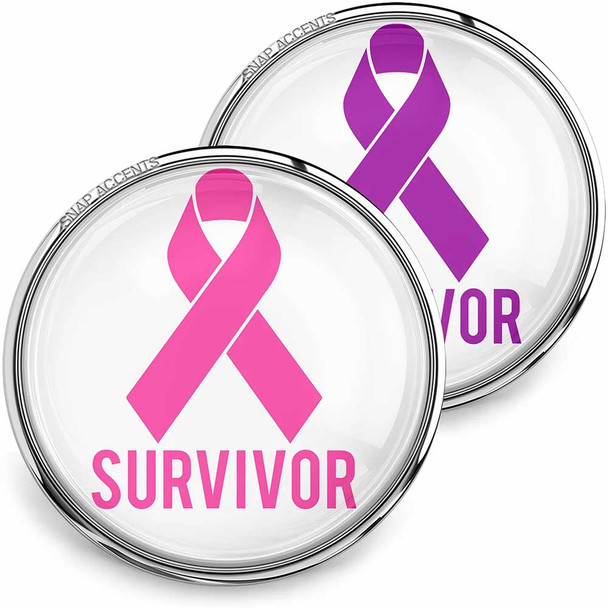 SnapAccents snap jewelry featuring pink and purple awareness ribbons with the word "SURVIVOR" in bold, designed for cancer or illness survivor support, interchangeable snap buttons, perfect for bracelets, necklaces, and personalized accessories.