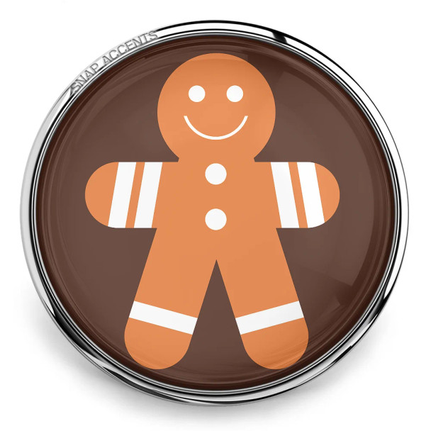 SnapAccents snap jewelry charm featuring a smiling gingerbread man with white icing details on brown background, round silver-tone metal frame, festive holiday accessory for interchangeable snap jewelry collections.