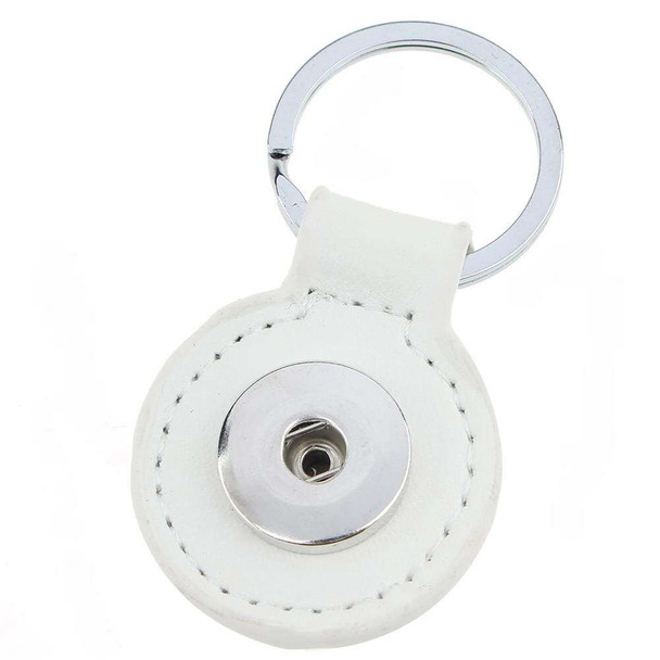 White leather SnapAccents snap jewelry keychain with silver metal snap button and round keyring, customizable accessory for interchangeable snap charms, stylish and durable key holder for personalized fashion.