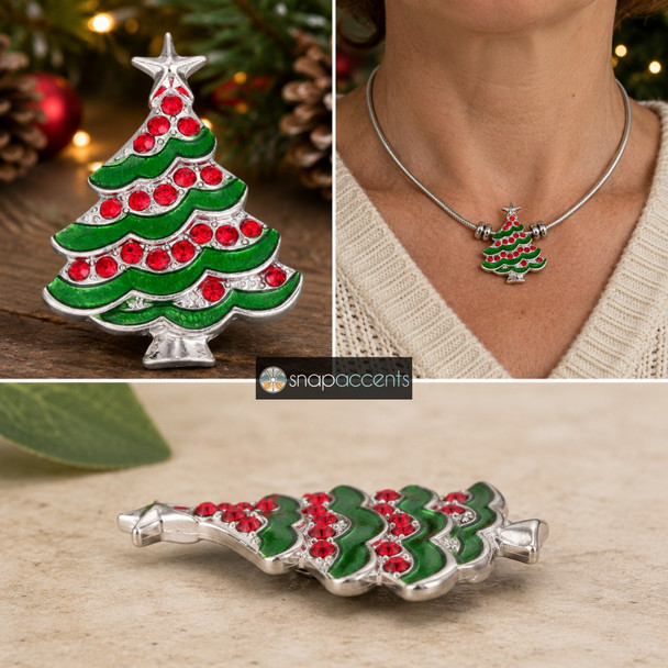 Christmas tree snap jewelry charm with green enamel branches, red rhinestone decorations, and a silver-tone star on top, shown loose and worn on a silver necklace.