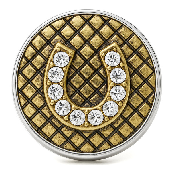 round snap jewelry charm with a gold textured crisscross background and a gold horseshoe adorned with clear rhinestones