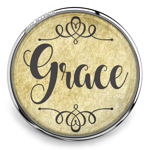 SnapAccents round snap jewelry charm with vintage gold background, elegant black script "Grace" text, decorative swirls, silver metal frame, interchangeable snap button accessory for bracelets and necklaces.