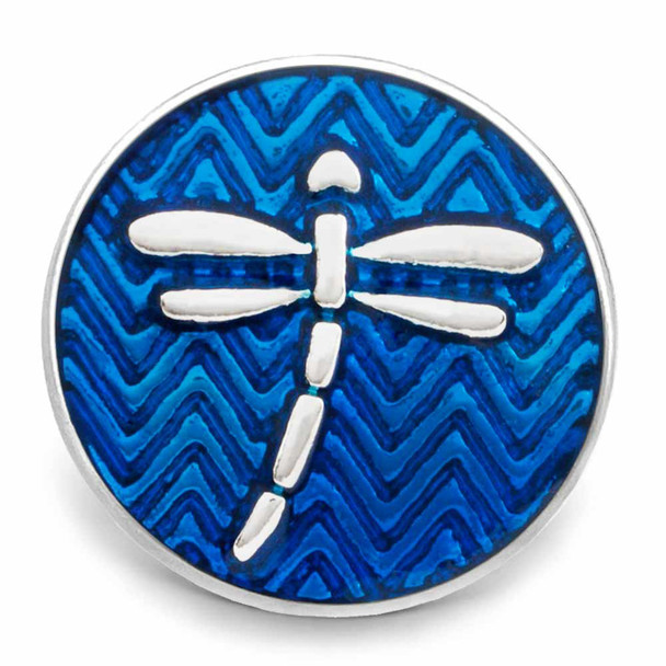 round snap jewelry charm with a silver dragonfly on a blue chevron enamel background
