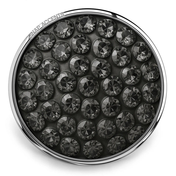 Round SnapAccents snap jewelry charm with multiple black faceted crystals set in a silver-tone metal base, designed for interchangeable snap jewelry accessories.