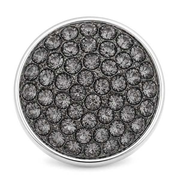 round snap jewelry charm covered with multiple small gray rhinestones set in a silver-tone base