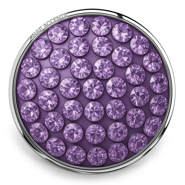 Round SnapAccents snap jewelry charm with multiple faceted purple crystals set in silver-tone metal, perfect for interchangeable snap bracelets, necklaces, and accessories.