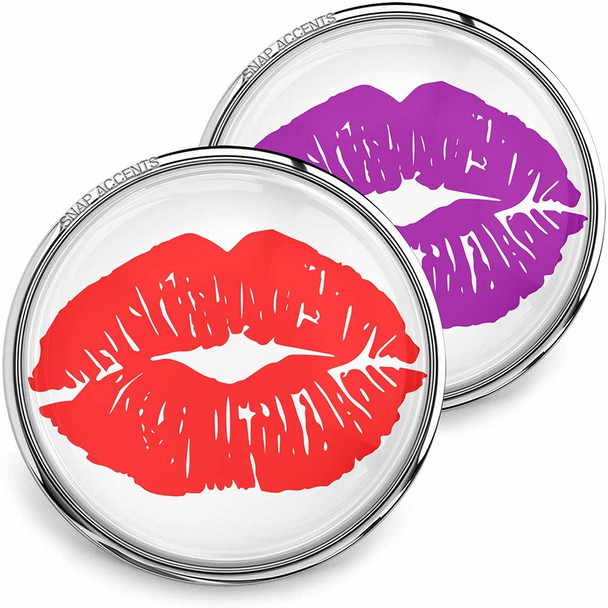 SnapAccents snap jewelry set featuring interchangeable round charms with bold red and purple lip print designs, perfect for customizable fashion accessories, gift ideas, and trendy statement pieces.