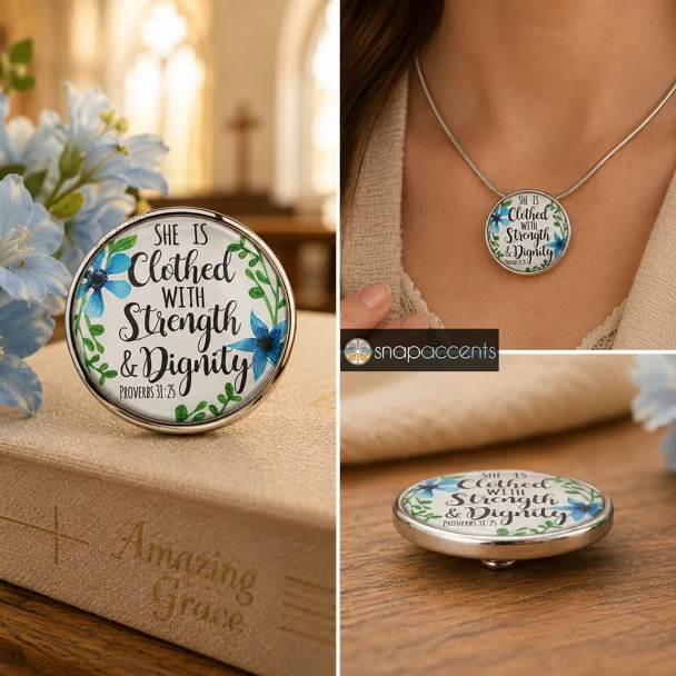 Round SnapAccents snap jewelry charm with inspirational Proverbs 31:25 quote "She is clothed with strength & dignity," decorated with blue flowers and green leaves on white background, silver metal frame, placed on wooden surface.