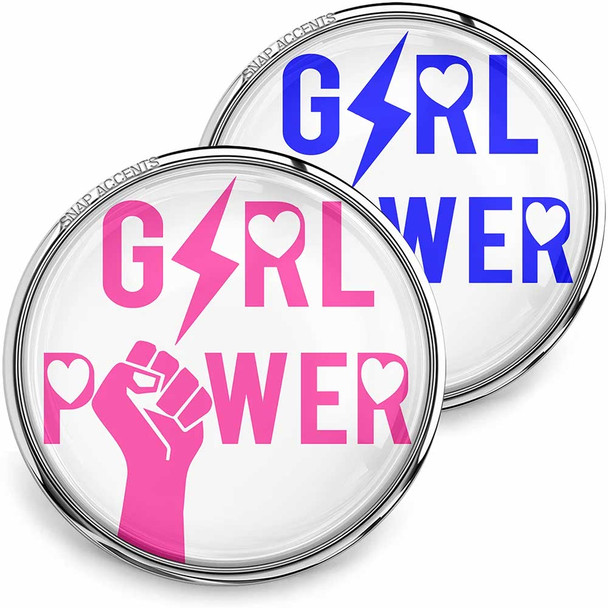 SnapAccents snap jewelry featuring bold "Girl Power" text with lightning bolt and heart icons, available in vibrant pink and blue colors, empowering feminist design, interchangeable snap charm for bracelets or accessories, perfect gift for women supporting female empowerment and equality.