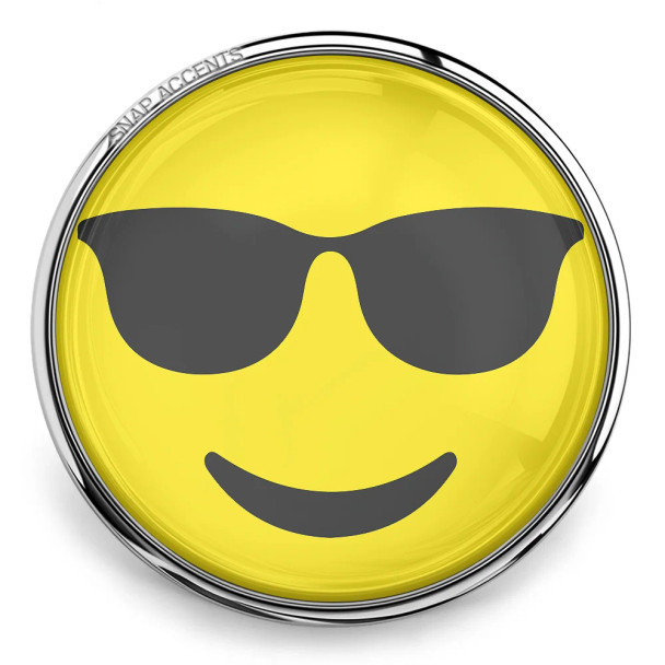 SnapAccents round snap jewelry charm featuring a yellow smiley face emoji with black sunglasses, polished silver-tone metal frame, trendy accessory for interchangeable snap jewelry collections.