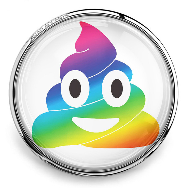 snap jewelry charm with a rainbow-colored poop emoji featuring large eyes and a smiling mouth in a silver round setting