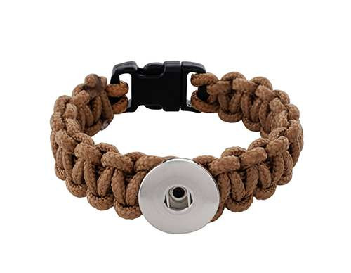 Brown woven paracord snap bracelet with black plastic buckle and silver-tone snap button base for interchangeable SnapAccents jewelry charms.