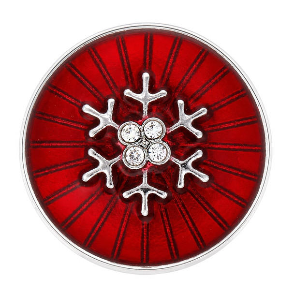 Round red snap jewelry charm with a silver snowflake design accented by four clear rhinestones in the center