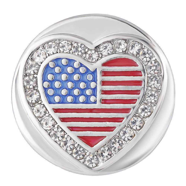 Heart-shaped snap jewelry charm featuring an American flag design with blue and white polka dots, red stripes, and a border of clear rhinestones on a silver base