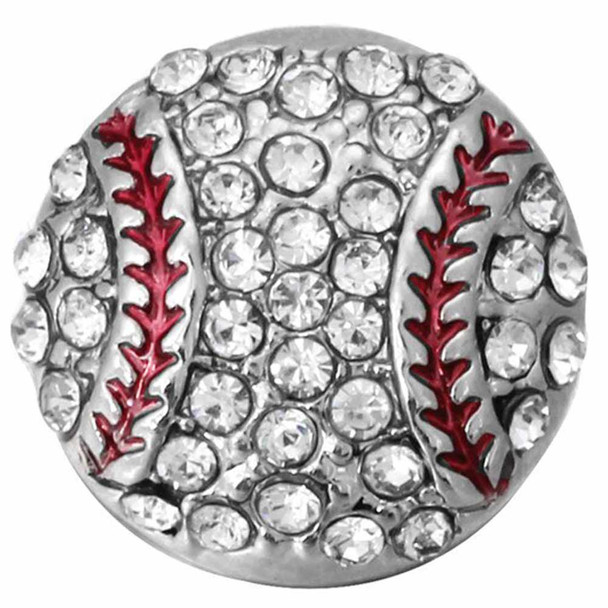 Round SnapAccents snap charm featuring clear rhinestones and red enamel baseball stitching, perfect for sports-themed jewelry and interchangeable snap bracelets or necklaces.