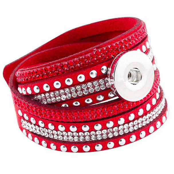 Red wrap bracelet with silver studs and clear rhinestones, featuring a snap button charm base for interchangeable SnapAccents jewelry, stylish multi-layered design, adjustable fashion accessory for women and teens.