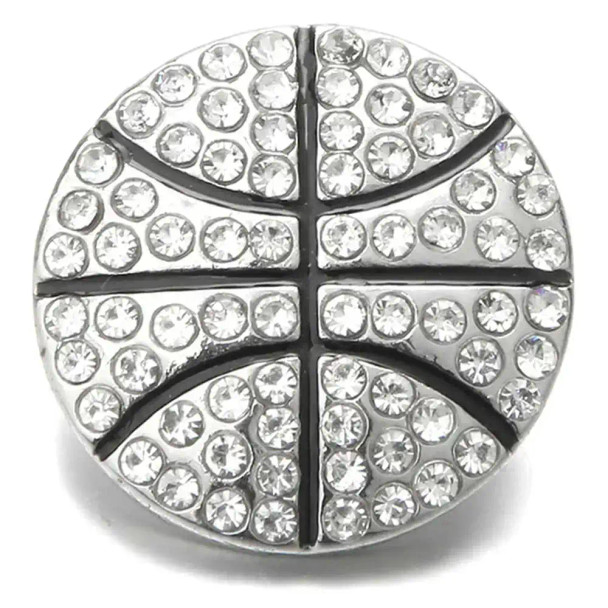 Round silver snap charm with clear rhinestones arranged in a basketball design, compatible with SnapAccents snap jewelry, perfect for sports fans and customizable bracelets or necklaces.