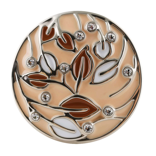 round snap jewelry charm with brown and white enamel leaves and clear rhinestone accents on a beige background