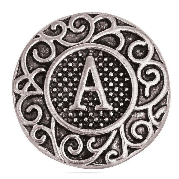Antique silver SnapAccents snap jewelry charm with intricate scrollwork design and raised letter "A" in the center, perfect for customizable snap bracelets, necklaces, and accessories.