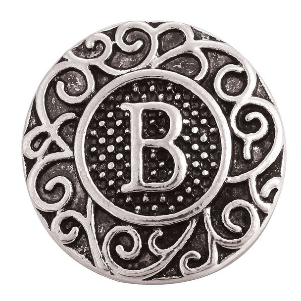 SnapAccents round silver snap jewelry charm with intricate scrollwork design and raised letter B in center, vintage-inspired decorative accessory for interchangeable snap bracelets and necklaces.