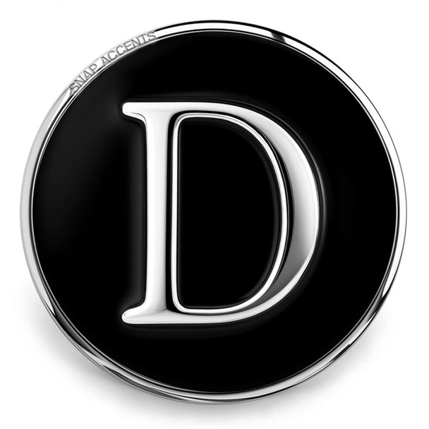 round snap jewelry charm with a polished silver letter D on a black enamel background and a silver edge