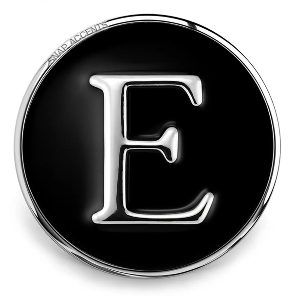 SnapAccents black enamel snap jewelry charm with silver letter E, interchangeable button accessory for bracelets and necklaces, personalized initial fashion accent piece.