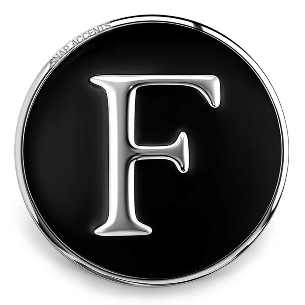 Black and silver SnapAccents snap jewelry charm featuring a bold letter "F" initial, round metal design, interchangeable accessory for bracelets and necklaces, stylish personalized fashion accent.