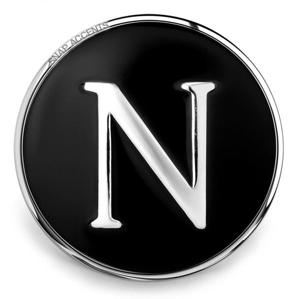 Black SnapAccents snap jewelry charm with silver letter N, round metal design, interchangeable accessory for bracelets and necklaces, stylish personalized initial snap button.
