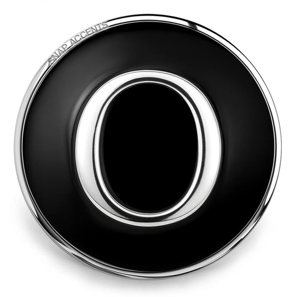 SnapAccents black and silver snap jewelry charm featuring a bold letter "O" design, interchangeable decorative accessory for bracelets and necklaces, stylish personalized initial snap button.