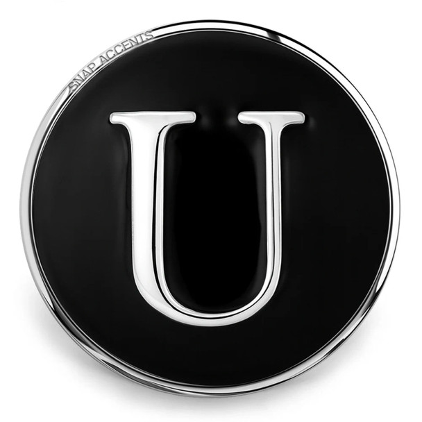 Black SnapAccents snap jewelry charm with silver letter U, round metal design, interchangeable accessory for bracelets and necklaces, stylish personalized initial snap button.