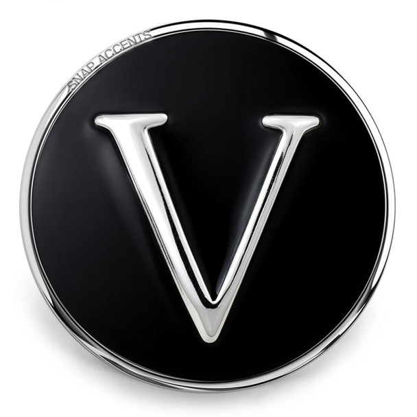 Black and silver SnapAccents snap jewelry charm featuring a bold silver letter V on a glossy black circular background, perfect for customizable snap bracelets, necklaces, and accessories.