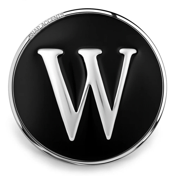 Black and silver SnapAccents snap jewelry charm featuring a bold white letter "W" on a round black background with polished silver trim, perfect for customizable bracelets and accessories.