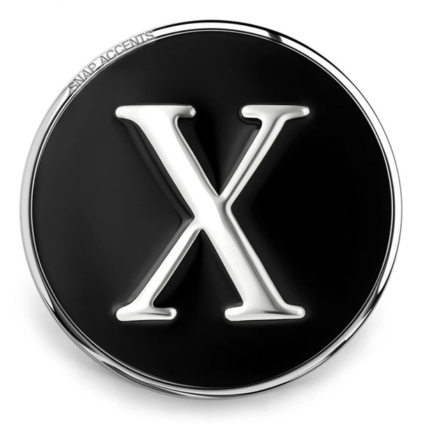 Black and silver SnapAccents snap jewelry charm featuring a bold silver letter X on a glossy black background, perfect for customizable snap bracelets, necklaces, and accessories.