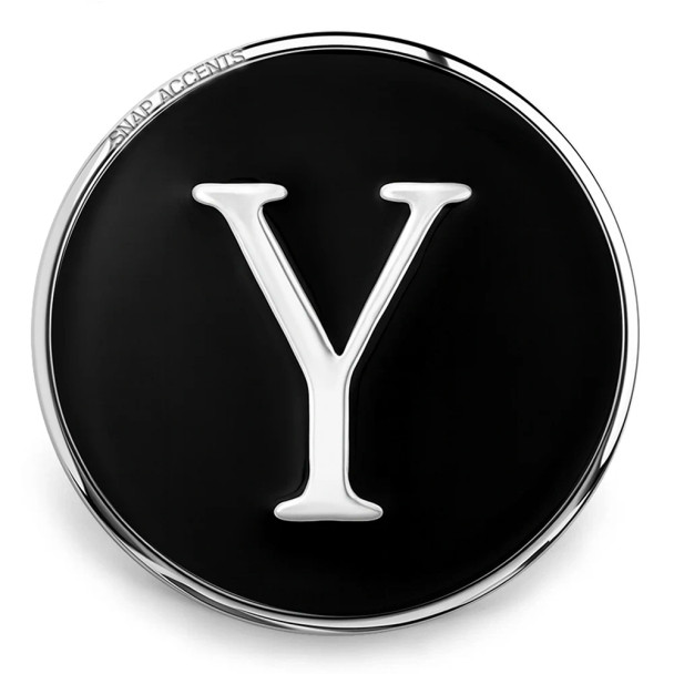 Black SnapAccents snap jewelry charm with silver letter Y, round metal design, interchangeable accessory for bracelets and necklaces, stylish personalized initial snap button.
