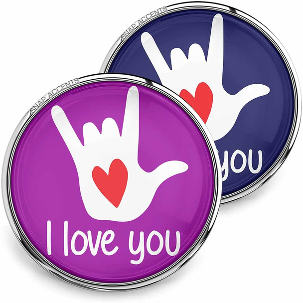 SnapAccents snap jewelry buttons featuring white hand sign with red heart and "I love you" text on purple and navy blue backgrounds, round interchangeable charm for bracelets or accessories, expressive love and affection design.