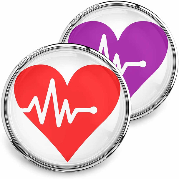 SnapAccents snap jewelry buttons featuring red and purple heart designs with white heartbeat line accents, interchangeable decorative accessories for snap charm bracelets and jewelry, medical and love-themed fashion embellishments.