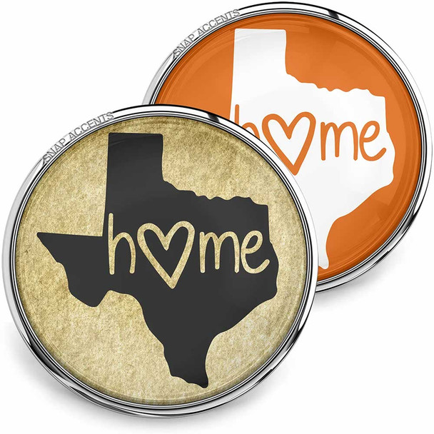 SnapAccents snap jewelry set featuring Texas state silhouette with "home" text and heart design, interchangeable decorative snaps in black and orange backgrounds, perfect for Texas pride accessories, customizable snap charm for bracelets, necklaces, and fashion jewelry.