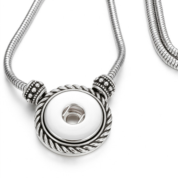 silver snake chain necklace with a round pendant featuring a white center, twisted rope border, and beaded accents on each side