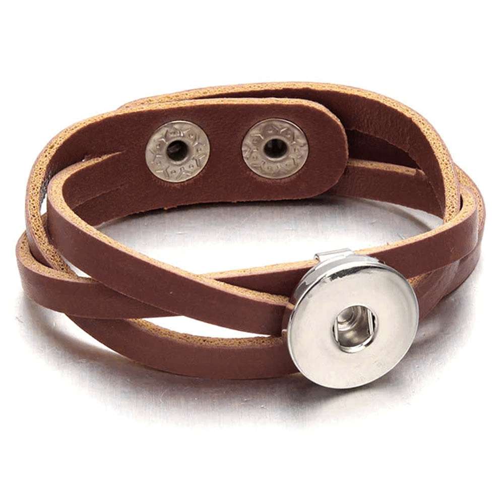 Leather Simple Weave 1 Snap Bracelet - Brown