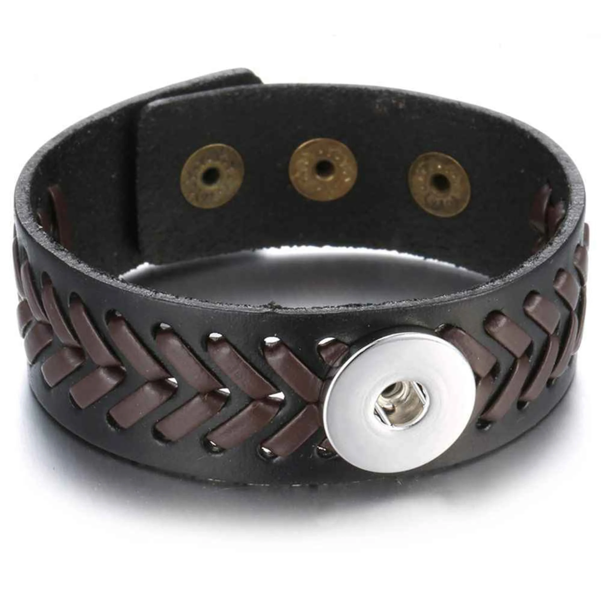 Leather Weave 1 Snap Bracelet - Black / Brown