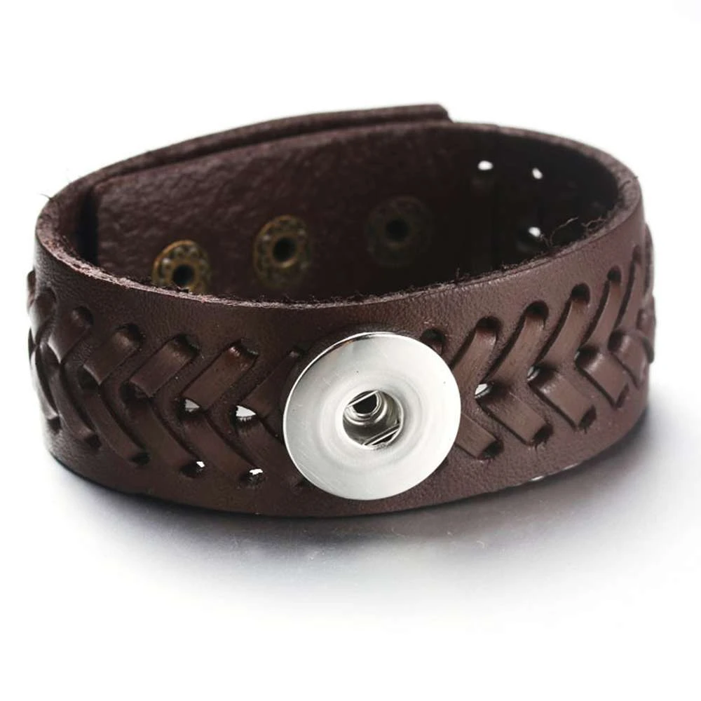 Leather Weave 1 Snap Bracelet - Brown