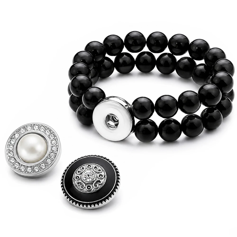 Snap Set - Black Double Bead Bracelet, 2 Snaps (#01)