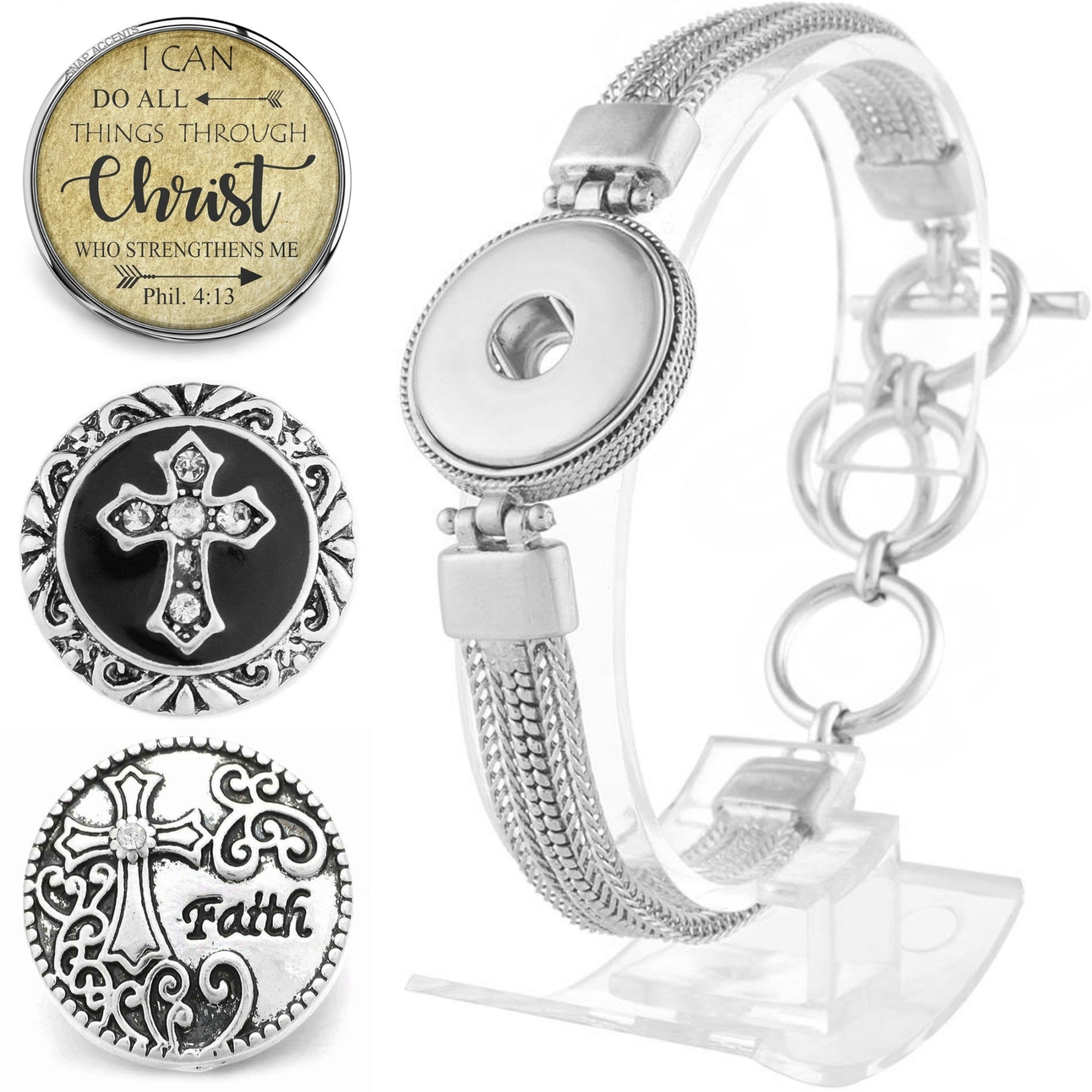 Snap Set - Silver Metal Bracelet, 3 Faith Snaps (#01)