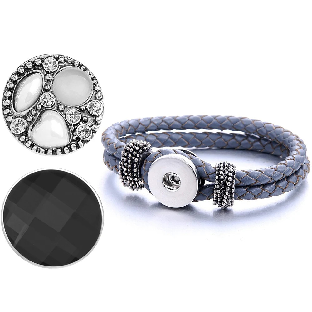 Snap Set - Gray 7.5in. Leather Bracelet, 2 Snaps (#01)