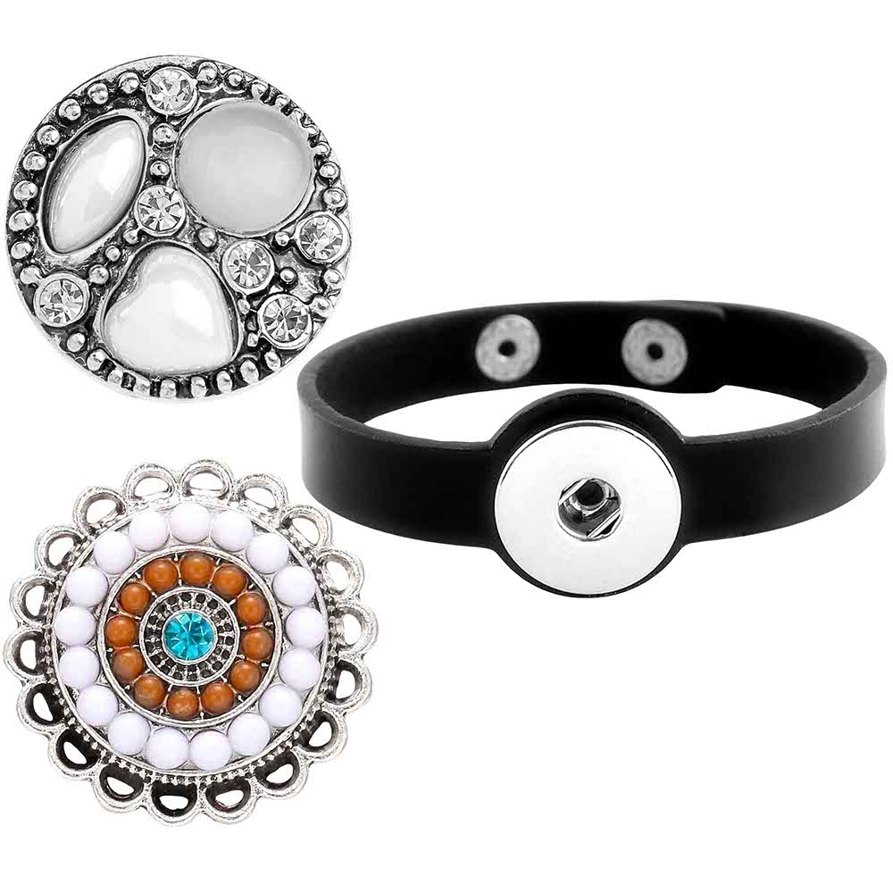 Snap Set - Black Leather Bracelet, 2 Snaps (#02)