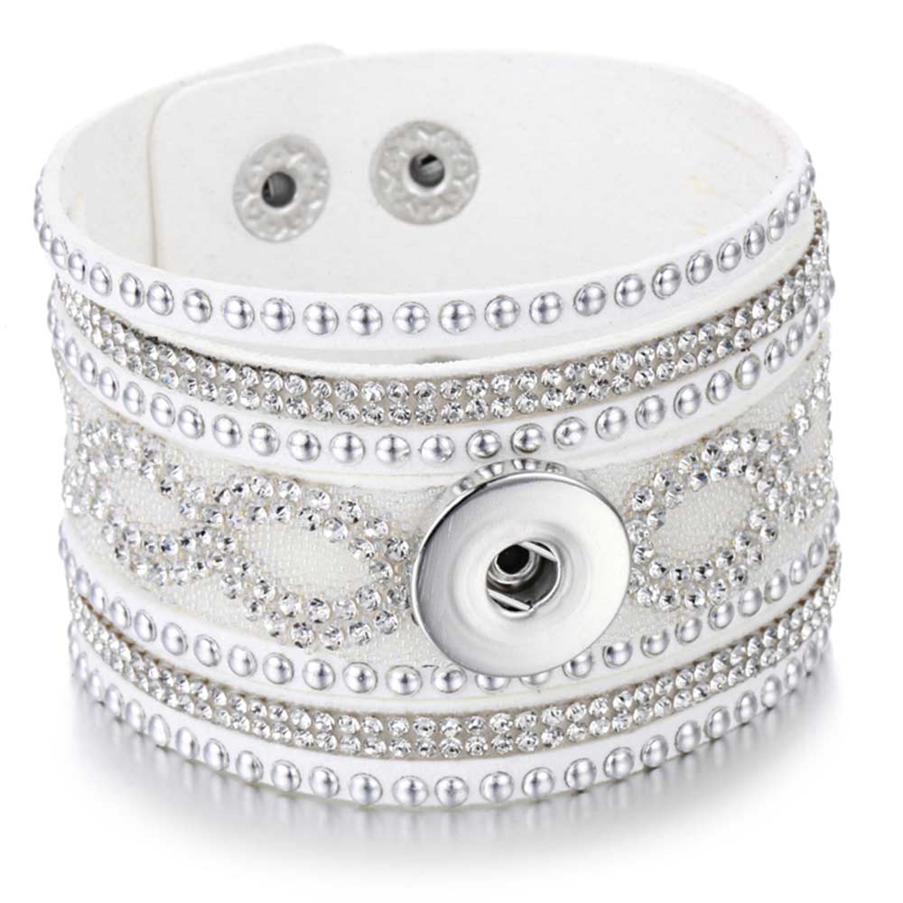 Rhinestone Wide Cuff 1 Snap Bracelet - White