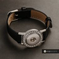 Custom Snap Jewelry Leather Watch Band Snap Bracelet - Black Ginger Charm Magnolia Vine Button by SnapAccents