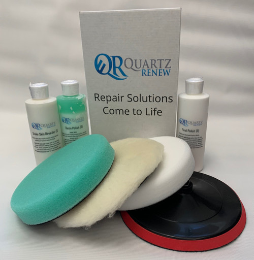 Quartz Renew Complete Kit includes (3) Polishing Pads and (1) Velcro
