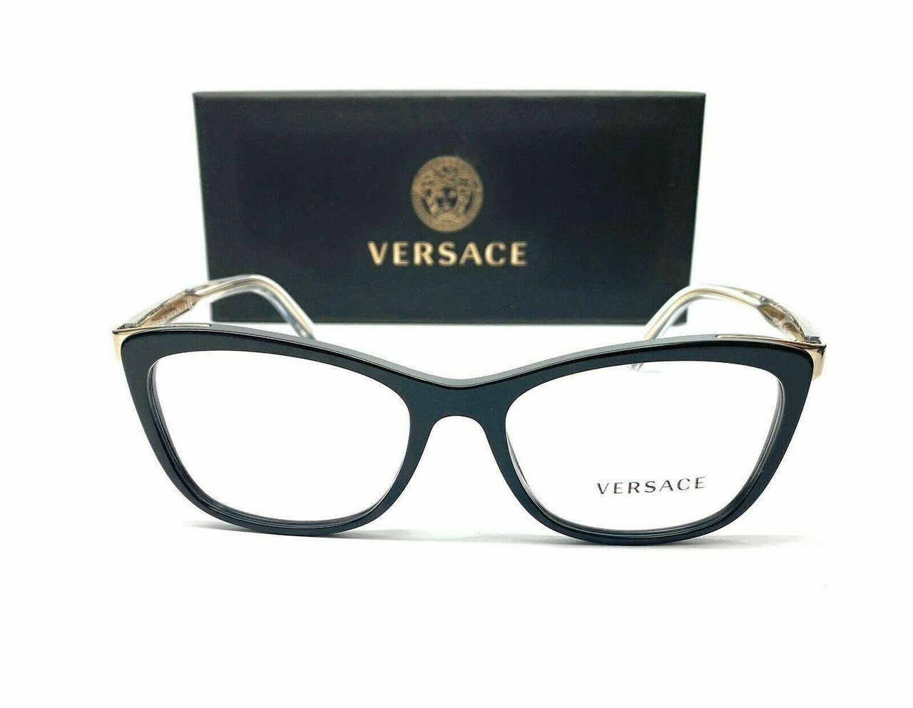 Versace Ve3255 Gb1 Black Gold Demo Lens Women Cat Eye Eyeglasses 54 17